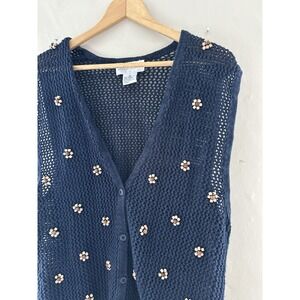VTG Robert Scott LTD Open Knit Sleeveless Sweater Size XL Blue Flower Boho Bead